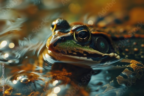 A close-up shot of a frog in a body of water. This image can be used to depict nature  wildlife  or amphibians