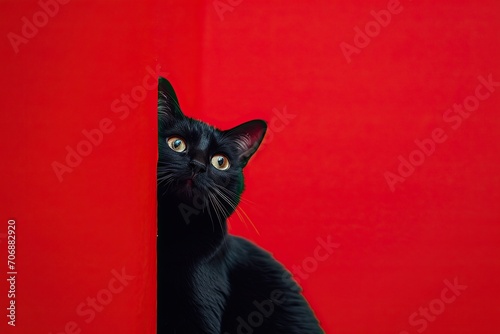 Black cat on a red background. The cat sits on a red background