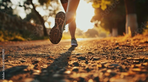 A person is captured running on a dirt road at sunset. This image can be used to depict fitness, exercise, outdoor activities, or a sense of freedom. photo