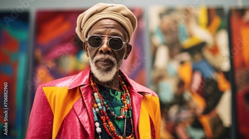 Old black man wearing colorful clothing in front of colorful artwork