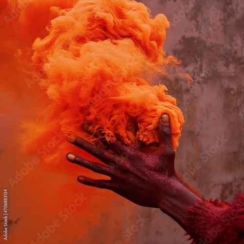 A hand disperses a vibrant orange smoke, evoking themes of fire and energy against a muted backdrop