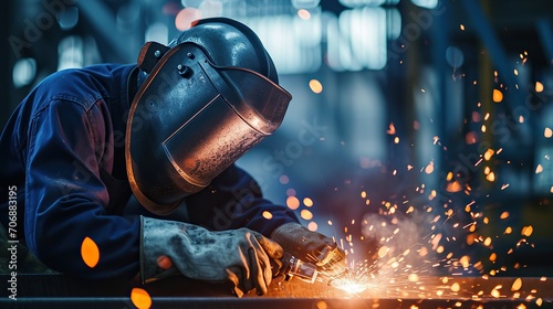 Industrial worker using torch to welding metal in factory, closeup © ttonaorh