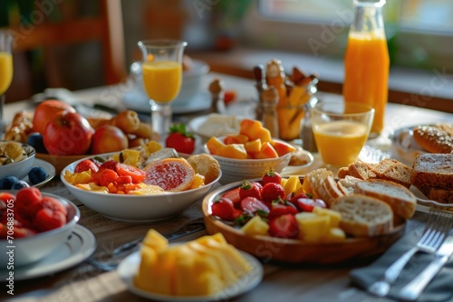 A table filled with plates of food and glasses of orange juice. Perfect for showcasing a delicious meal or a breakfast spread.