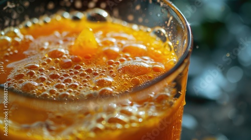 A detailed view of a glass filled with refreshing orange juice. Perfect for illustrating healthy lifestyle, breakfast, or citrus fruit concepts