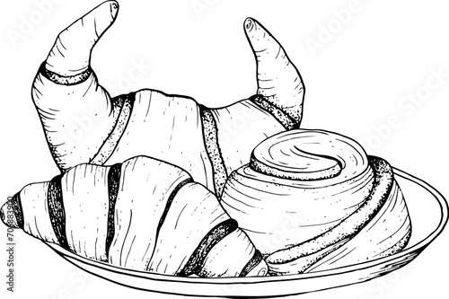 Pastry plate with chocolate French croissants and rolled cinnamon bun vector black and white illustration for snack and breakfast in cafe and bakery