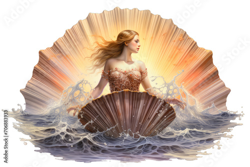 Illustration of Aphrodite, goddess of love and beauty, emerging from the sea on a scallop shell on a transparent background