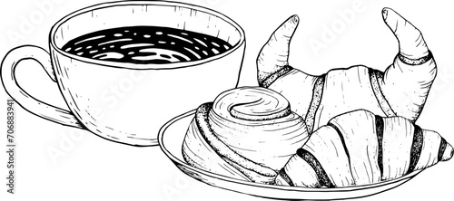 Vector coffee mug with pastry plate with chocolate French croissants and rolled cinnamon bun black and white graphic illustration for snack and breakfast in cafe