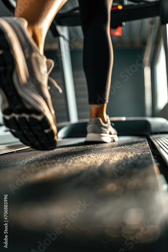 A close-up shot of a person running on a treadmill. Suitable for fitness and exercise-related content
