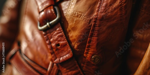 A detailed close-up shot of a brown leather jacket. Perfect for fashion and style-related projects