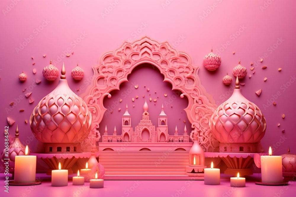 Pink decorative backdrop with 3D Diwali festival theme. Generative AI
