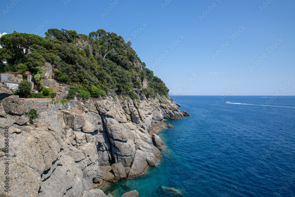Beautiful bay Portofino in summer days cliff hiking around the ligurian mountains