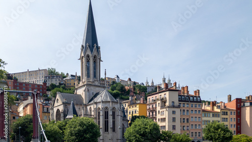 Cityscape of Lyon with city and church in east France