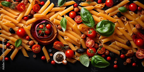 pasta with vegetables,Penne Pasta Red Sauce ,Pasta with red sauce. Penne funghi. Italian quisine,Close-up Photo of Italian Penne Pasta Toppings with Tomatoes, Basil and Drink Bottle on Dark Wooden Tab photo