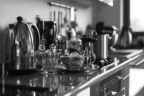 A black and white photo of a kitchen counter. This versatile image can be used in various projects related to interior design, home improvement, or cooking