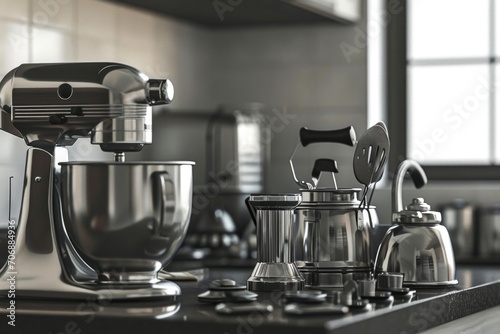 A picture of a kitchen counter with a mixer and a blender. Perfect for food and cooking related projects