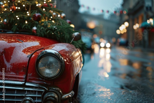 A red car with a Christmas tree on top. Perfect for holiday-themed designs © Fotograf