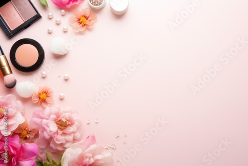 Cosmetics and flowers on pink background. Flat lay, top view. © MadMouse