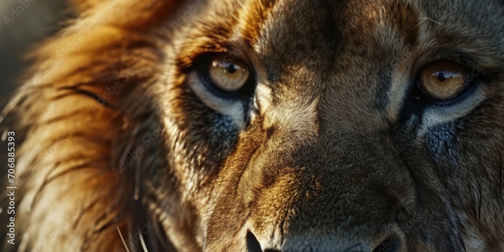 A close-up view of a lion's face with a blurred background. Perfect for wildlife enthusiasts and nature lovers