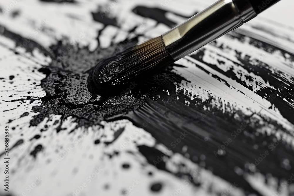 A paintbrush with black paint on a white surface. Can be used for art projects or creative concepts A paintbrush with black paint on a white surface. Can be used for art projects or creative concepts