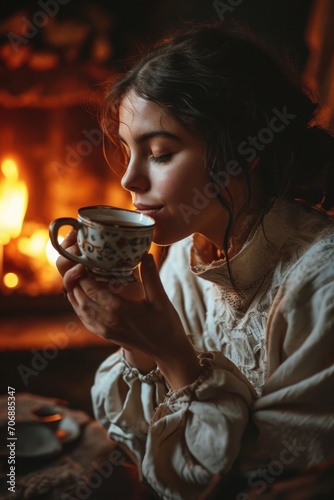 A woman sitting in front of a cozy fireplace, enjoying a cup of coffee. Perfect for illustrating relaxation and warmth