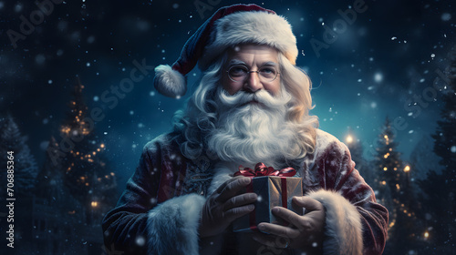 Santa Claus carries gift boxes and gives them to people. Santa Claus on Christmas and New Year's Day, he is kind and smiles happily.