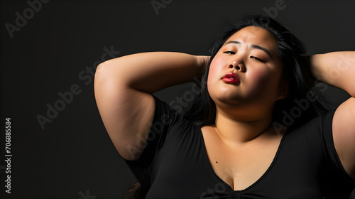 studio portrait of confident overweight happy Asian woman embodying body positivity and a positive attitude