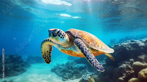 turtle swimming in the deep sea, underwater photography, beautiful, Generate AI. © Salis