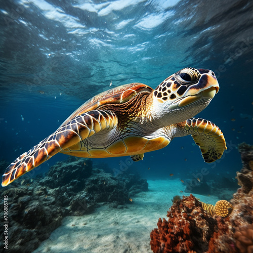 turtle swimming in the deep sea, underwater photography, beautiful, Generate AI.