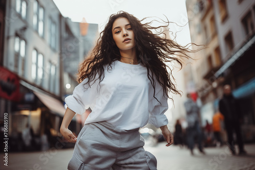Young girl in modern style dancing on the city streets and looking at camera