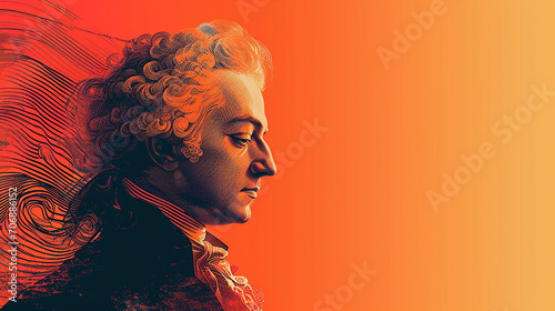Exposure portrait of Wolfgang Amadeus Mozart combined with abstract lines and curves.