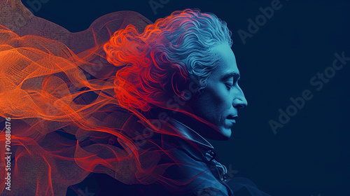 Exposure portrait of Wolfgang Amadeus Mozart combined with abstract lines and curves. photo