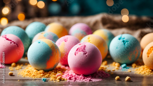 Beautiful fizzy multicolored bath bombs, Round multicolored balls for bathing and relaxation, Handmade aromatic bath bomb. Ai Generated