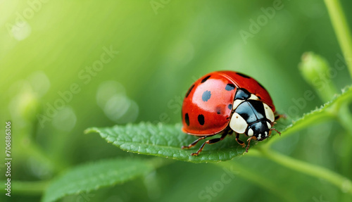 Ladybug on a green grass leaf. AI generated © Mystery