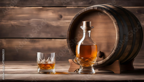 Scotch whiskey glass and old wooden barrel.