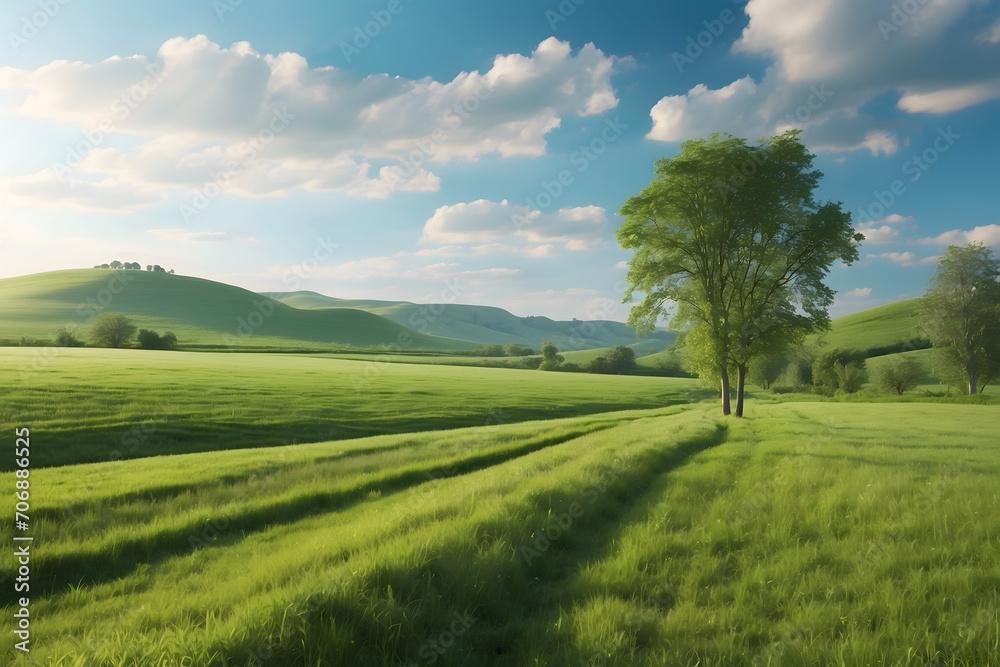 A landscape of green grass fields and bright blue sky