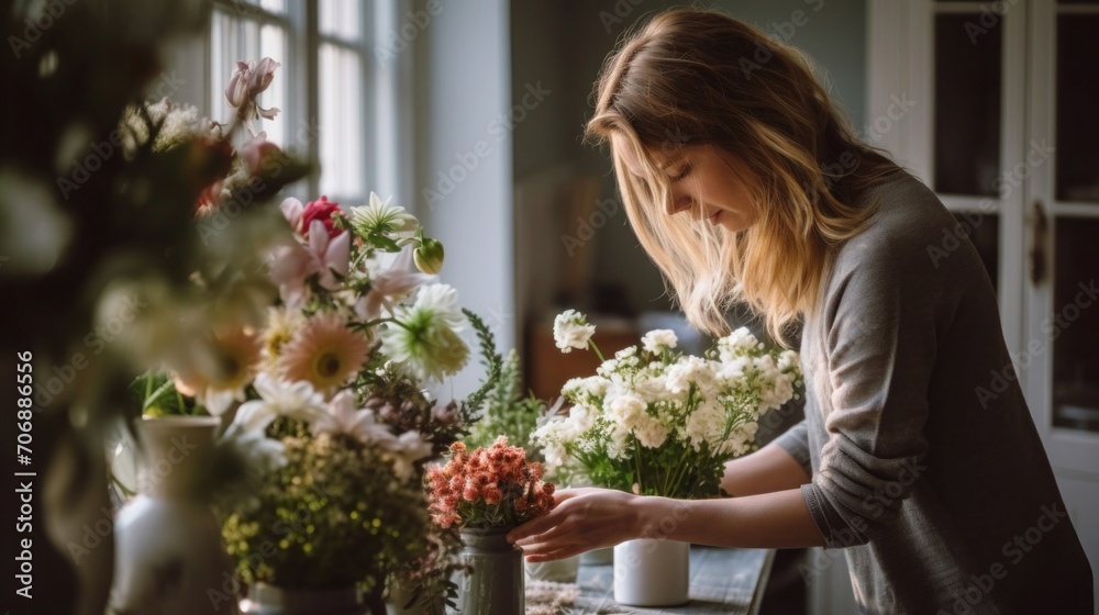 A photo of a mother arranging fresh flowers in a vase