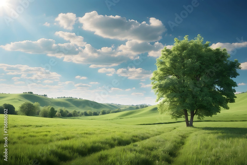 A landscape of green grass fields and bright blue sky