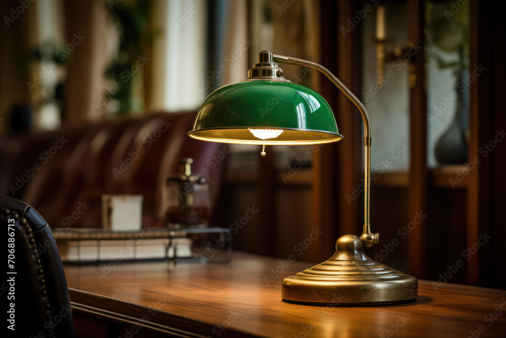 Photo of a typicaldesk lamp with a green lampshade, placed on a wooden desk, apartment interior softly out of focus in the background Photo of a typicaldesk lamp with a green lampshade, placed on a wooden desk, apartment interior softly out of focus in the background