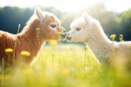 two alpacas touching noses in sunny meadow photo