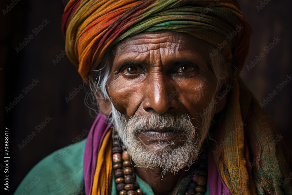 Close up portrait of an Indian old man in traditional clothes looking sternly at the camera