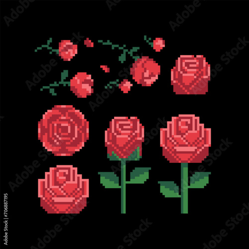Roses pixel art 80s style beautiful flowers icons set.  Design for stickers, logo shop, embroidery, mobile app. Red rose icon isolated vector illustration. 8-bit.