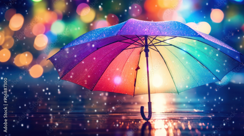 A colorful umbrella creates a vivid reflection on a wet surface amidst a dreamlike rain shower.