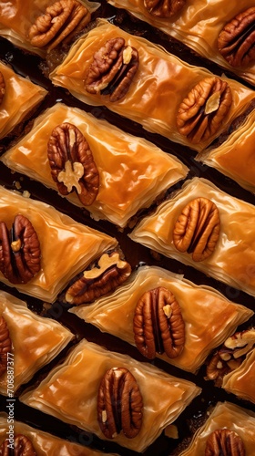 Glistening Walnut Baklava Rows Drizzled with Golden Syrup on a Dark Surface, Turkish An Inviting Mediterranean Delicacy..