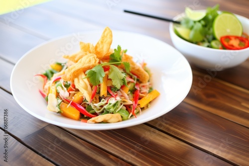 asian slaw with crispy wonton strips, vibrant veggies