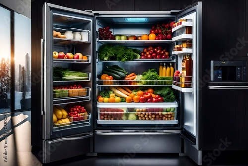 an open luxury refrigerator filled with lots of different types of food and drinks in it's door, with a shelf full of fruits and vegetables beautiful view