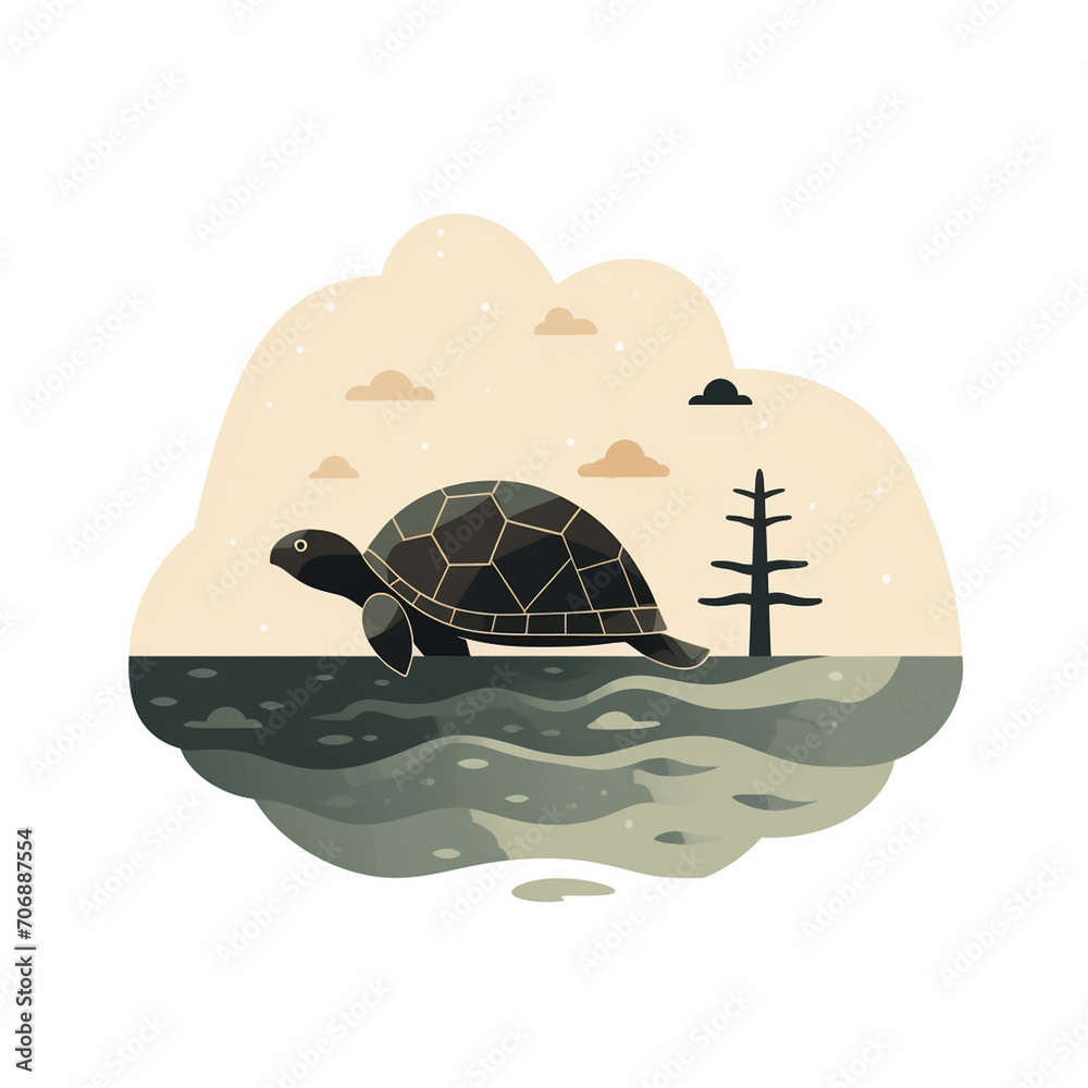 turtle in the water illustration vector illustration, stamp look, in the style of jon klassen, george ault, white background, richard serra, mid-century illustration - obrazy, fototapety, plakaty 