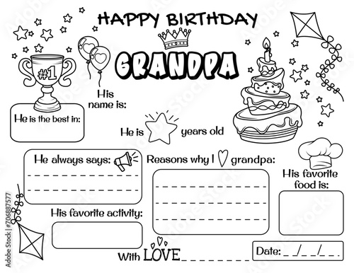 Happy birthday, grandpa. Fill in the sheet, Grandpa's birthday for grandchildren. Kids printable cards