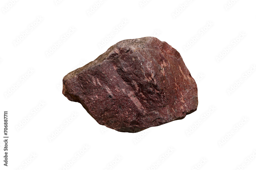 Sample raw purple rhyolite extrusive igneous rock stone on white background.