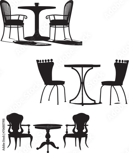 Black chair and  tables silhouettes group on white background 