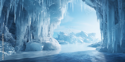 Frozen cavern with a crystal clear blue water stream , An ice cave with ice and a light inside.